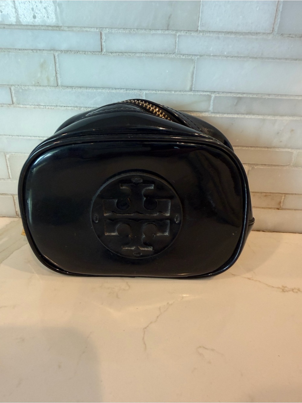 Tory Burch Black Patent Logo Cosmetic Case